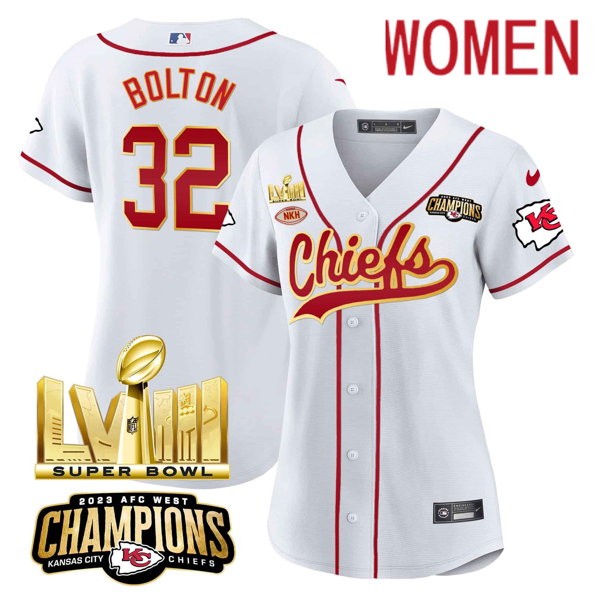 Women Kansas City Chiefs #32 Bolton White 2024 Nike Super Bowl LVIII Back-2-Back Gold Patch Baseball NFL Jersey
